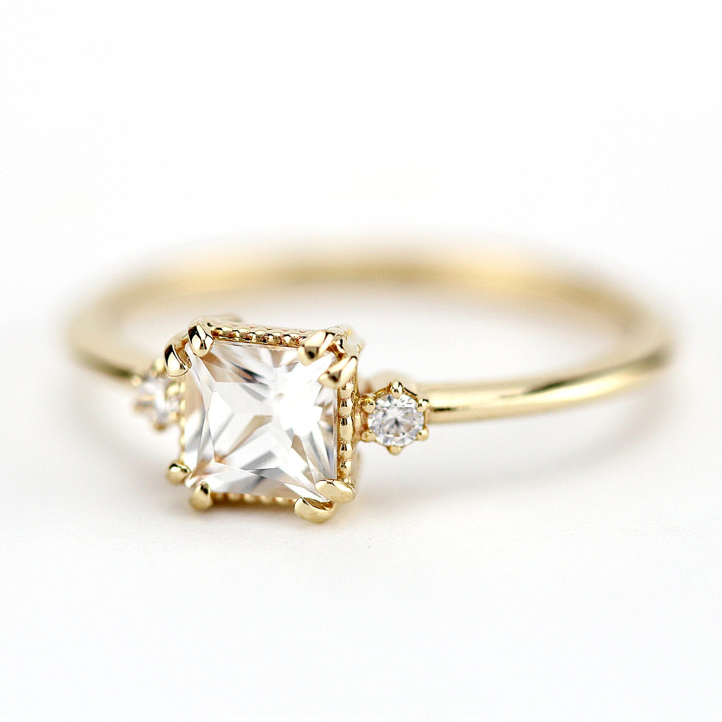 White topaz and diamond ring, princess cut engagement ring 18k gold and diamonds - NOOI JEWELRY