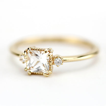 White topaz and diamond ring, princess cut engagement ring 18k gold and diamonds - NOOI JEWELRY