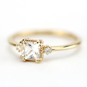 White topaz and diamond ring, princess cut engagement ring 18k gold and diamonds - NOOI JEWELRY