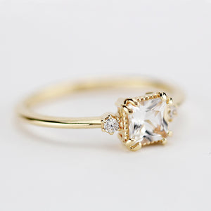 White topaz and diamond ring, princess cut engagement ring 18k gold and diamonds - NOOI JEWELRY