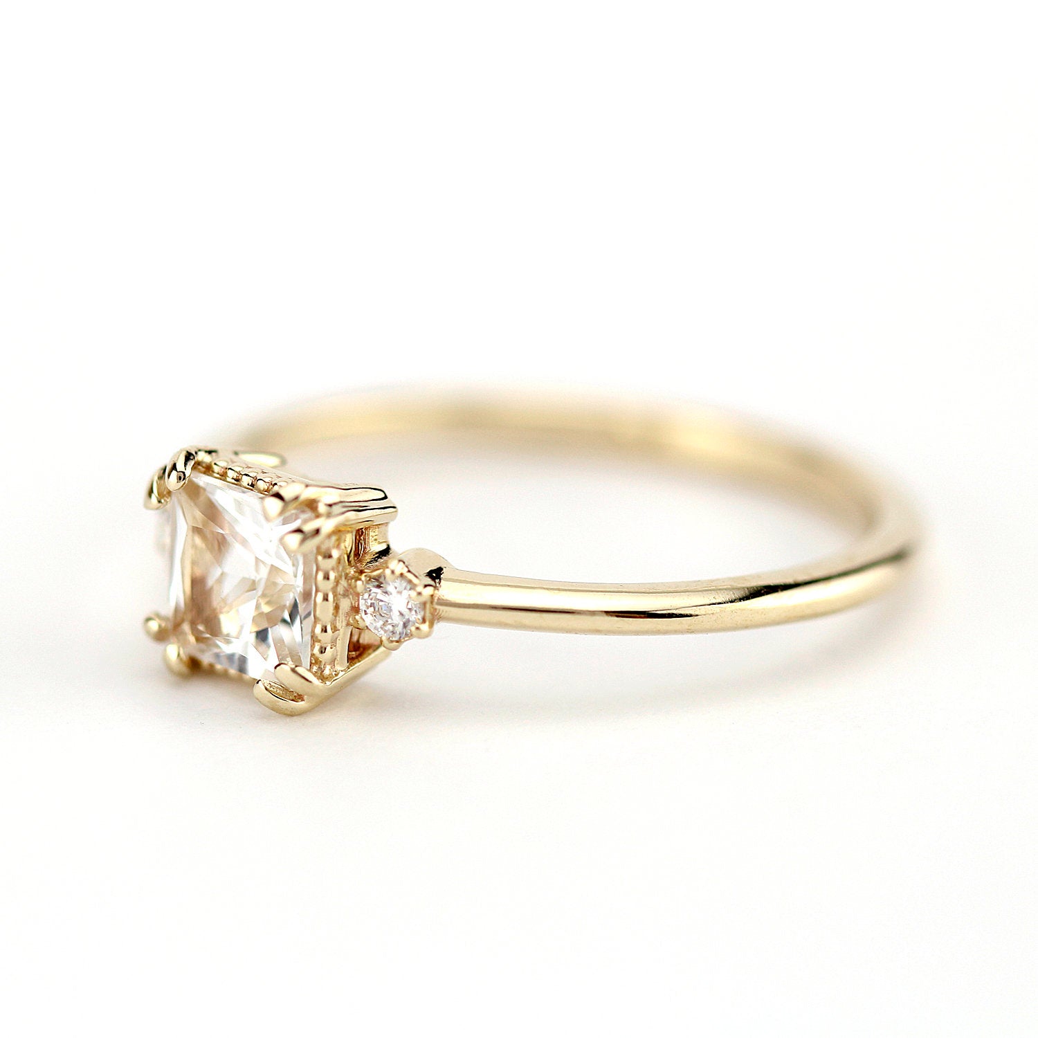 White topaz and diamond ring, princess cut engagement ring 18k gold and diamonds - NOOI JEWELRY