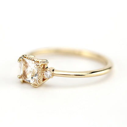 White topaz and diamond ring, princess cut engagement ring 18k gold and diamonds - NOOI JEWELRY