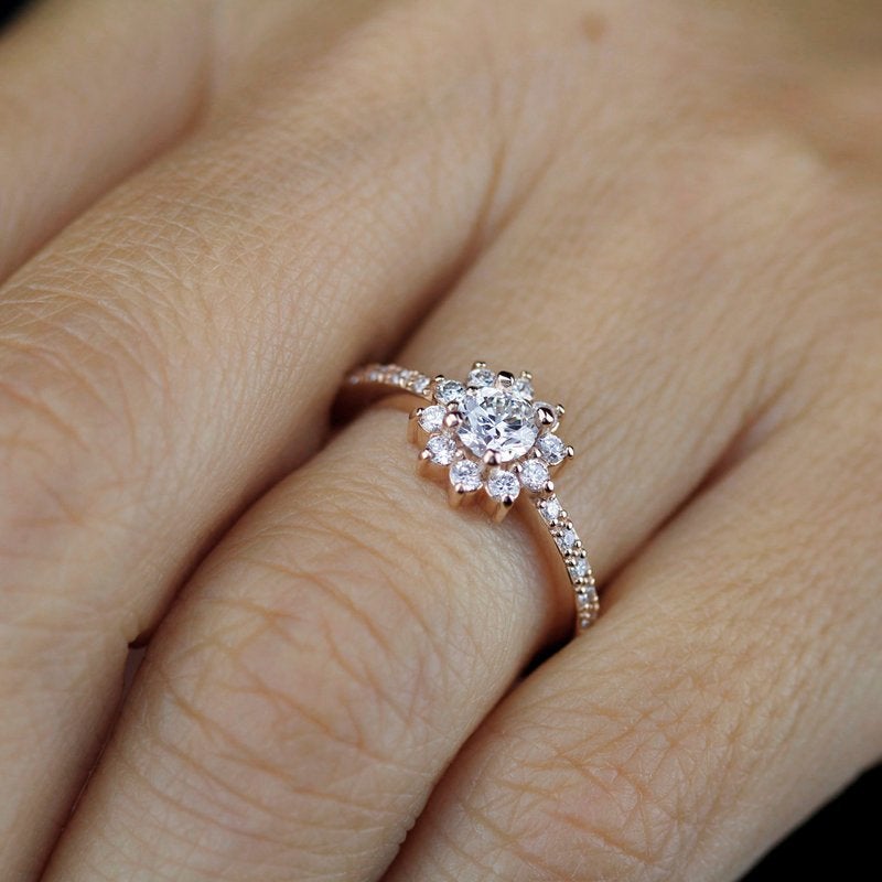 round engagement ing with halo and side stones | rose gold engagement ring round - NOOI JEWELRY