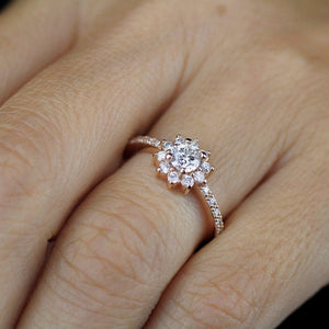 round engagement ing with halo and side stones | rose gold engagement ring round - NOOI JEWELRY