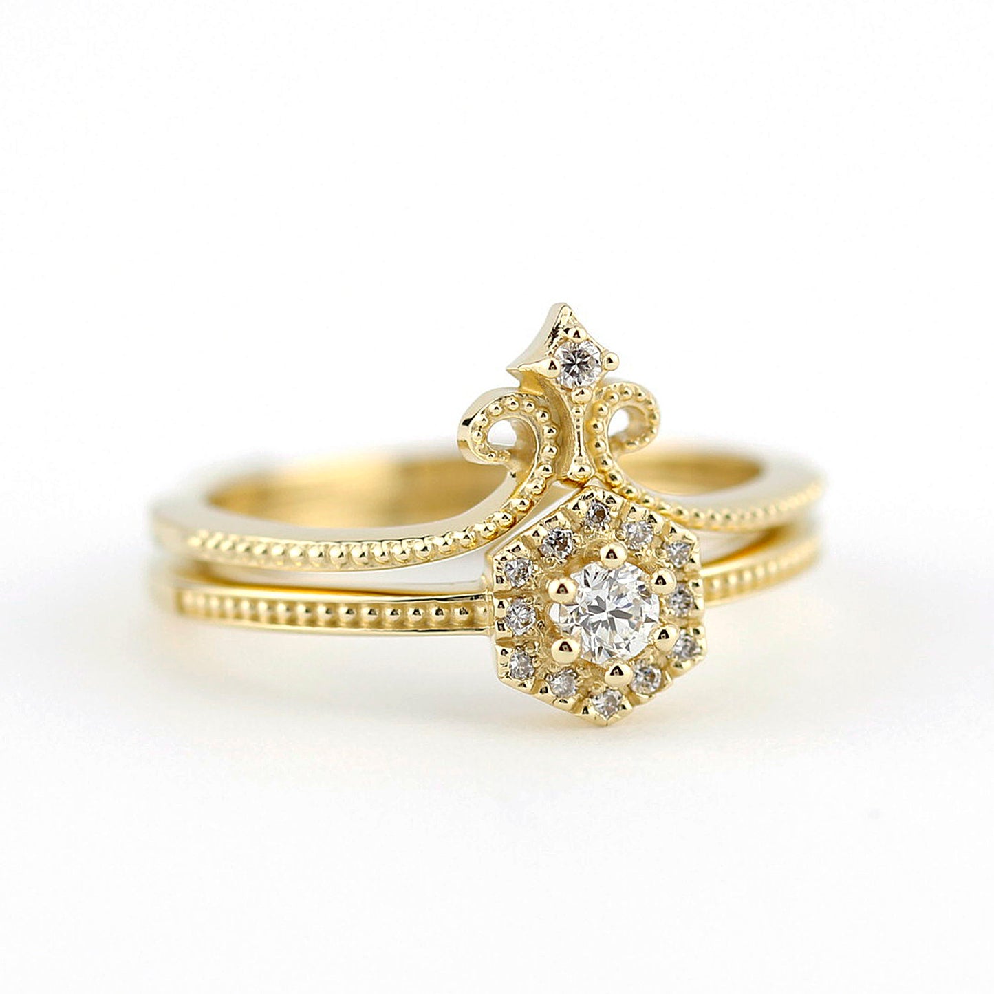 hexagonal ring, wedding band curved, engagement ring, Diamond Engagement Ring, Diamond Ring, Wedding Ring Set, Diamond, Wedding Ring - NOOI JEWELRY
