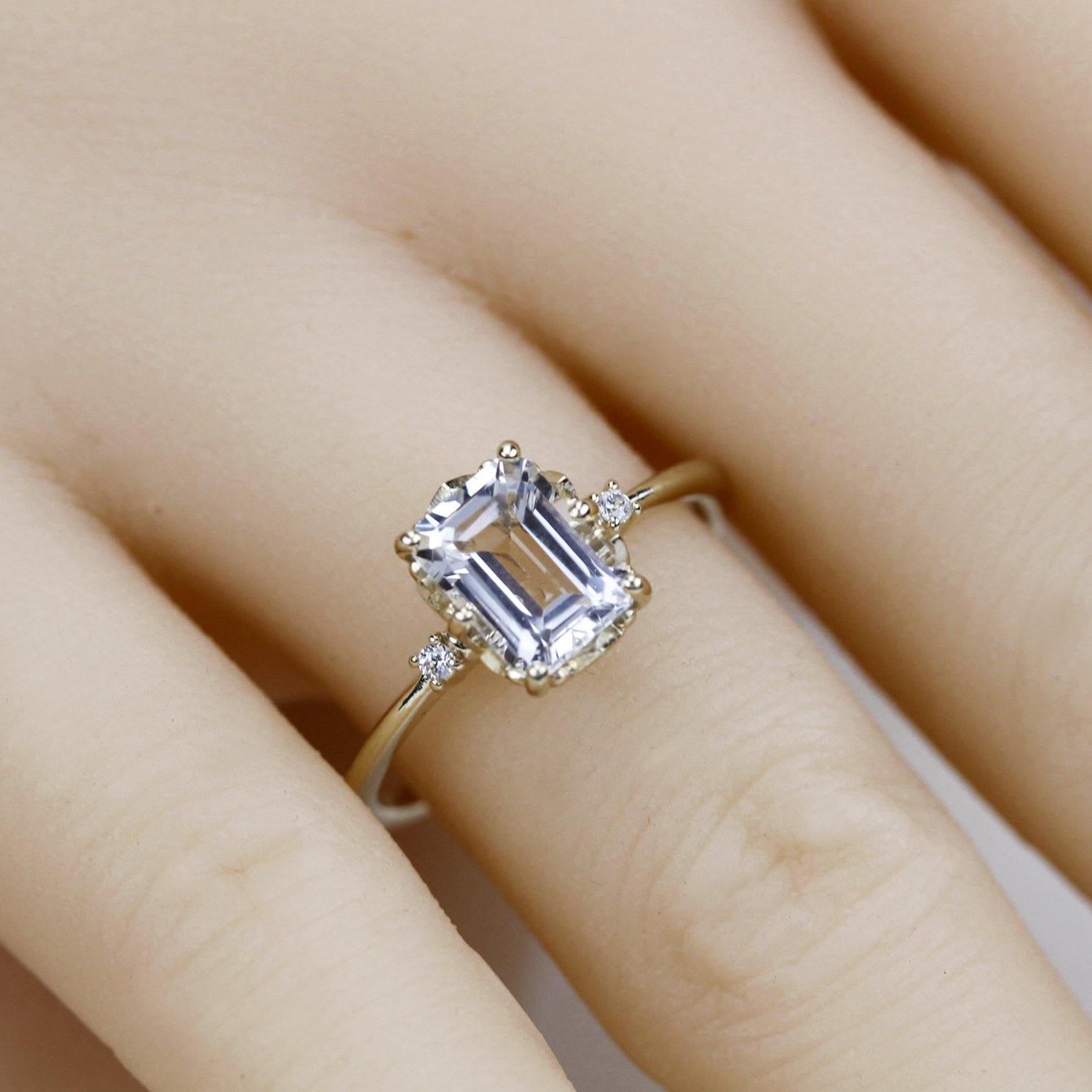 diamond engagement ring, emerald cut engagement ring, minimalist engagement ring, engagement ring, delicate ring, unique engagement ring - NOOI JEWELRY