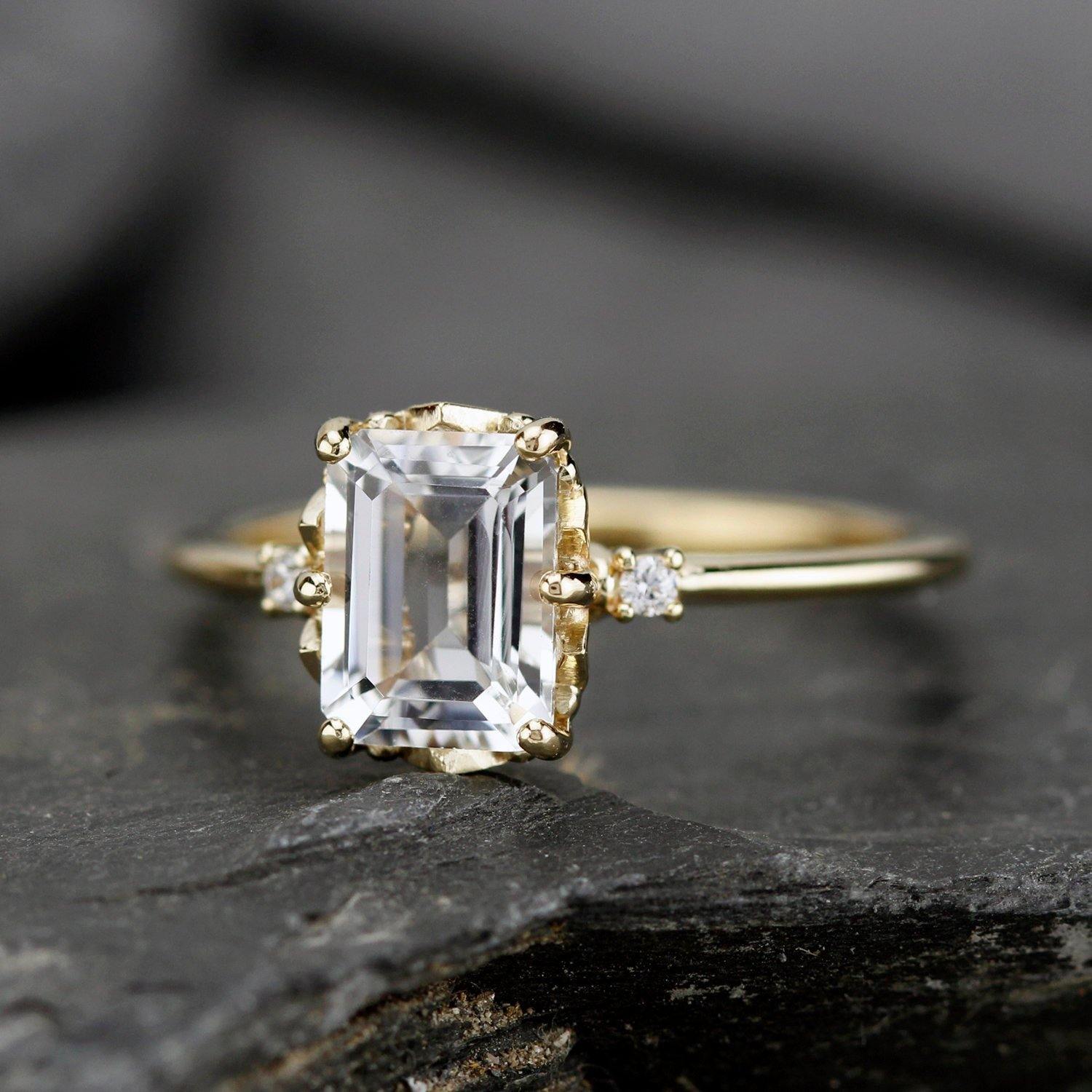 diamond engagement ring, emerald cut engagement ring, minimalist engagement ring, engagement ring, delicate ring, unique engagement ring - NOOI JEWELRY