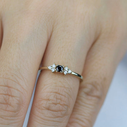 diamond engagement ring, black and white diamonds ring, simple ring, minimal ring, delicate ring black diamond, stackable ring