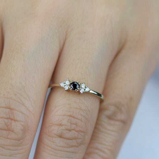diamond engagement ring, black and white diamonds ring, simple ring, minimal ring, delicate ring black diamond, stackable ring