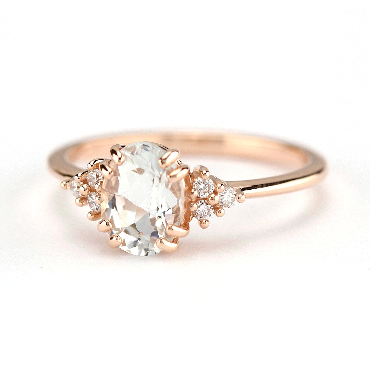 White topaz and diamond engagement ring, simple cluster ring rose gold - NOOI JEWELRY