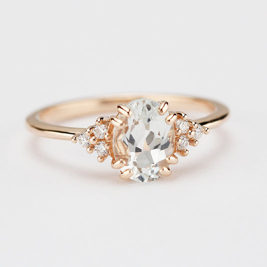 White topaz and diamond engagement ring, simple cluster ring rose gold - NOOI JEWELRY