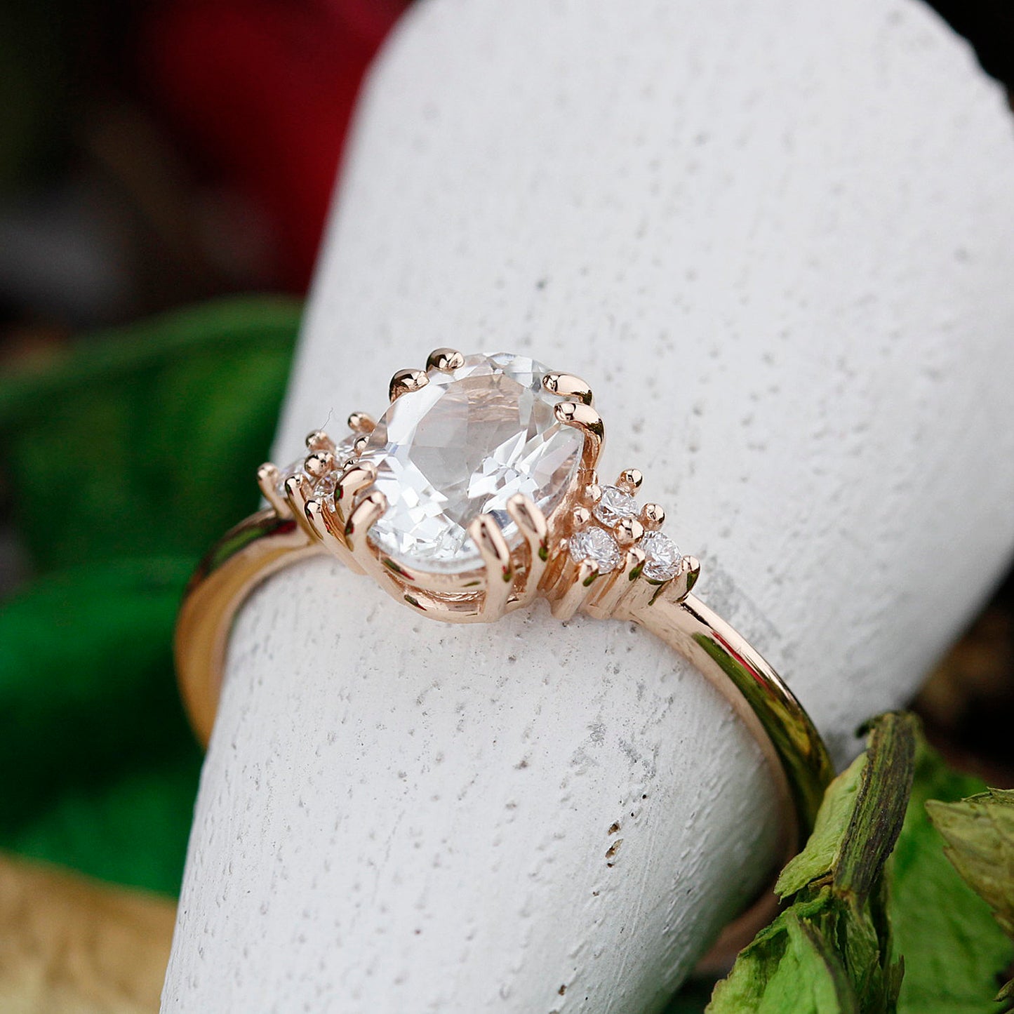 White topaz and diamond engagement ring, simple cluster ring rose gold - NOOI JEWELRY