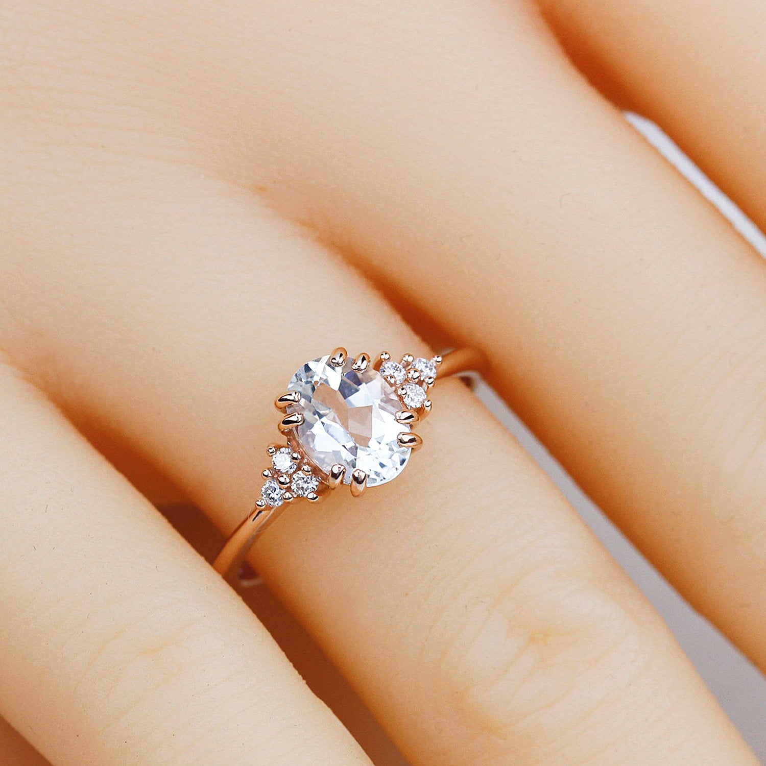 White topaz and diamond engagement ring, simple cluster ring rose gold - NOOI JEWELRY