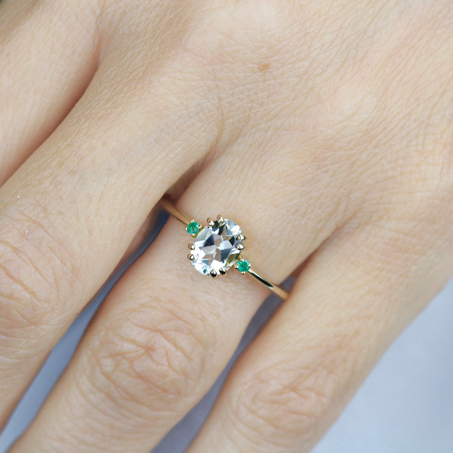 Green amethyst engagement ring oval, three stone ring Amethyst and emeralds - NOOI JEWELRY