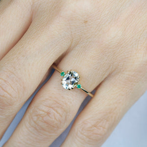 Green amethyst engagement ring oval, three stone ring Amethyst and emeralds - NOOI JEWELRY