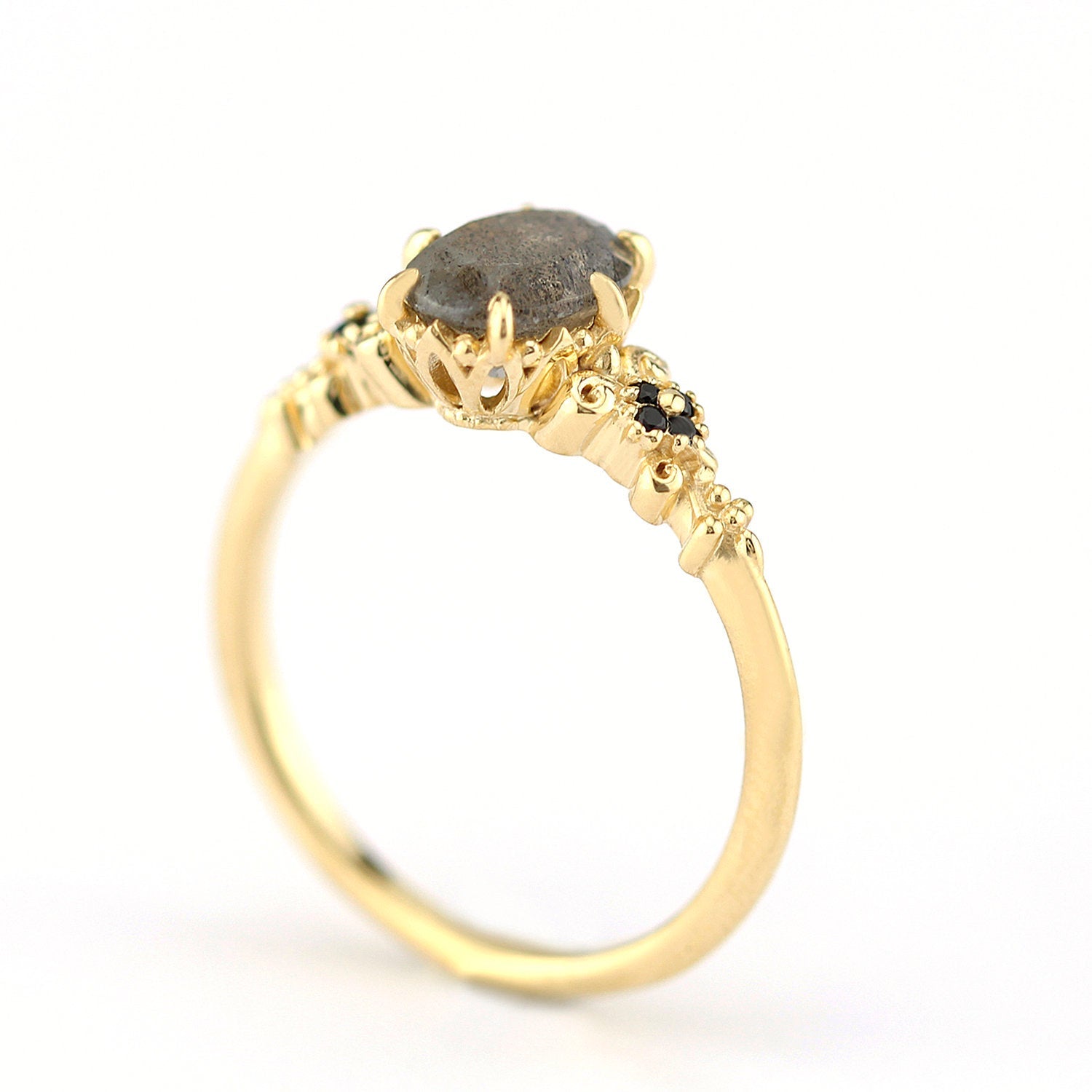 oval labradorite and black diamonds engagement ring - NOOI JEWELRY