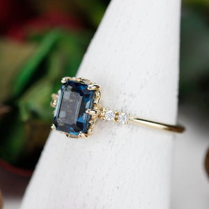 Emerald cut London blue topaz and diamond engagement ring - NOOI JEWELRY