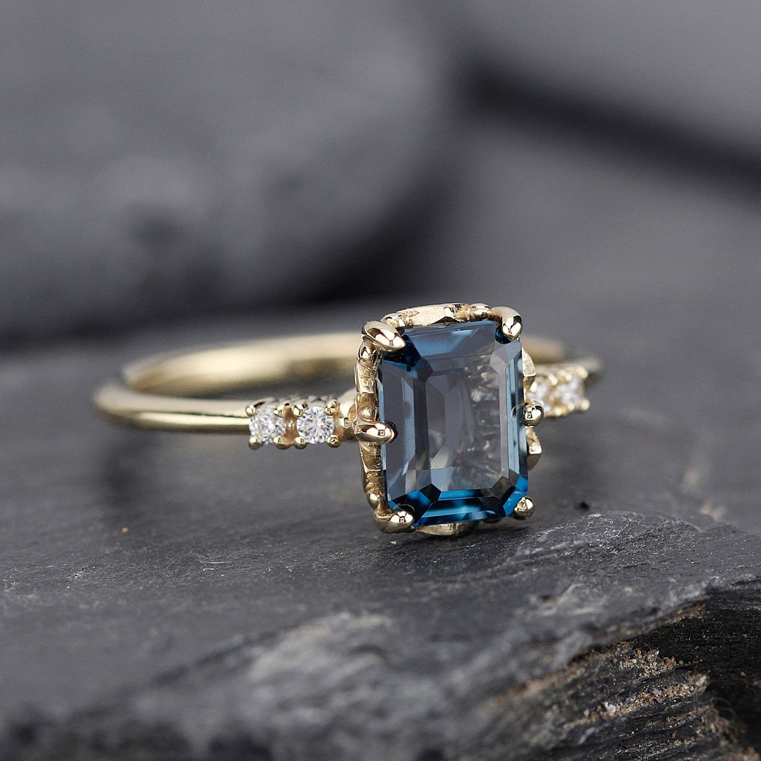 Emerald cut London blue topaz and diamond engagement ring - NOOI JEWELRY