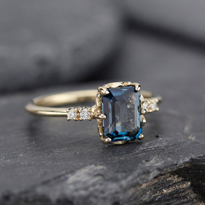 Emerald cut London blue topaz and diamond engagement ring - NOOI JEWELRY