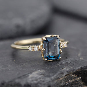Emerald cut London blue topaz and diamond engagement ring - NOOI JEWELRY