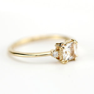 White topaz and diamond ring, princess cut engagement ring 18k gold and diamonds - NOOI JEWELRY