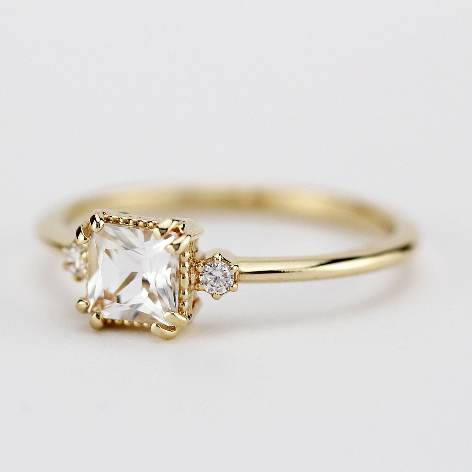 White topaz and diamond ring, princess cut engagement ring 18k gold and diamonds - NOOI JEWELRY