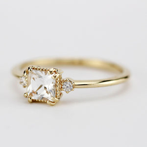 White topaz and diamond ring, princess cut engagement ring 18k gold and diamonds - NOOI JEWELRY