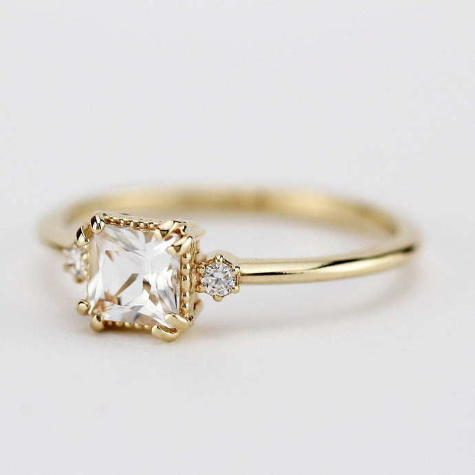 White topaz and diamond ring, princess cut engagement ring 18k gold and diamonds - NOOI JEWELRY