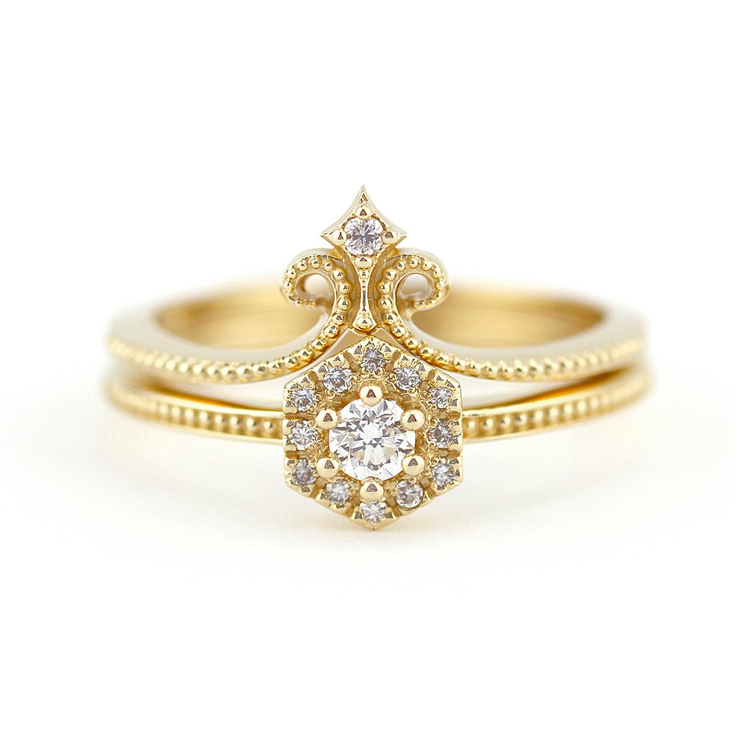 hexagonal ring, wedding band curved, engagement ring, Diamond Engagement Ring, Diamond Ring, Wedding Ring Set, Diamond, Wedding Ring - NOOI JEWELRY