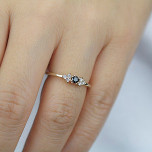 diamond engagement ring, black and white diamonds ring, simple ring, minimal ring, delicate ring black diamond, stackable ring