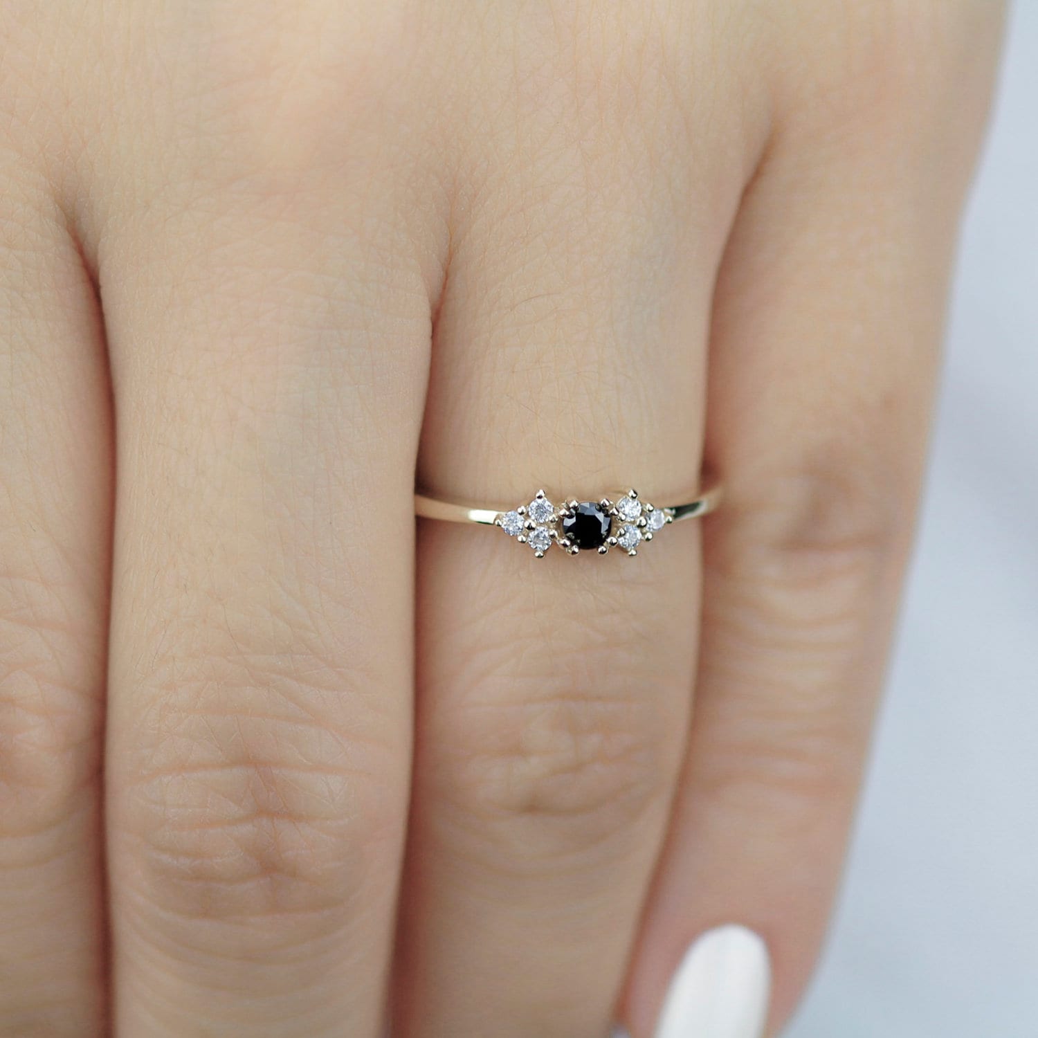 diamond engagement ring, black and white diamonds ring, simple ring, minimal ring, delicate ring black diamond, stackable ring