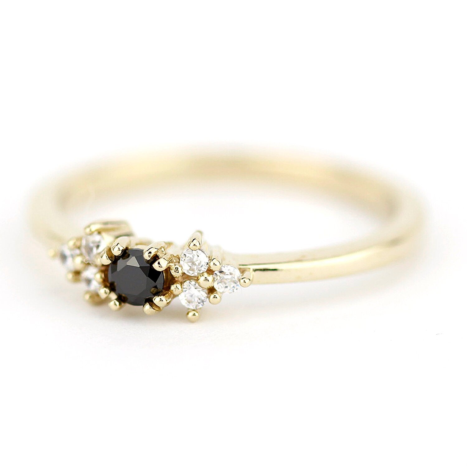 diamond engagement ring, black and white diamonds ring, simple ring, minimal ring, delicate ring black diamond, stackable ring