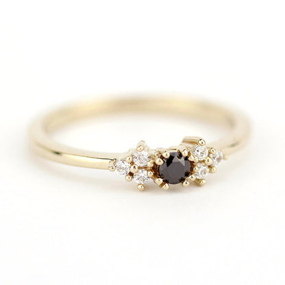 diamond engagement ring, black and white diamonds ring, simple ring, minimal ring, delicate ring black diamond, stackable ring