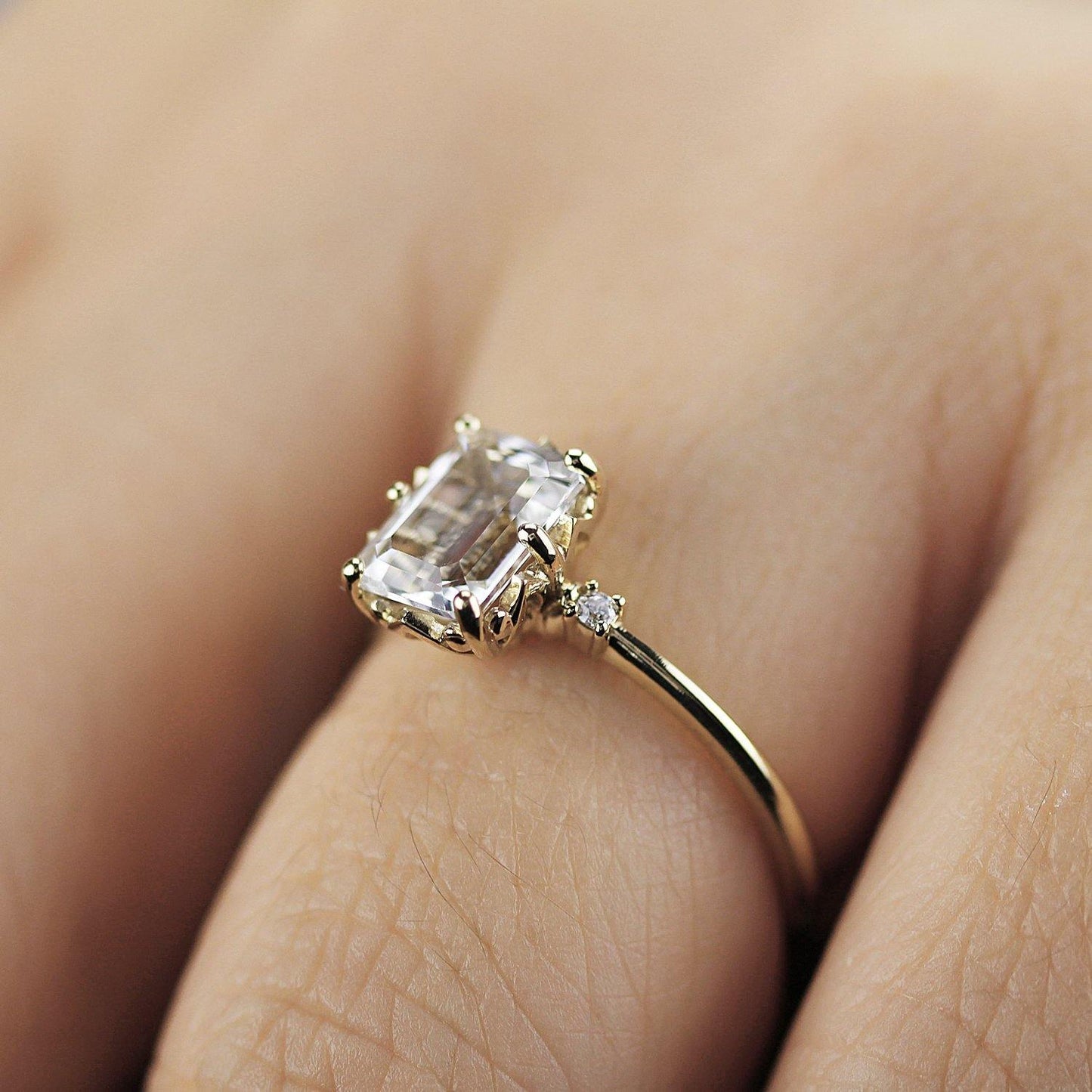 diamond engagement ring, emerald cut engagement ring, minimalist engagement ring, engagement ring, delicate ring, unique engagement ring - NOOI JEWELRY
