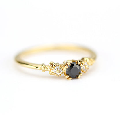 engagement ring black diamond, black diamond ring, simple diamond ring, Cluster ring black diamond - NOOI JEWELRY