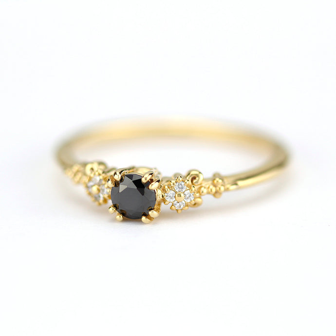 engagement ring black diamond, black diamond ring, simple diamond ring, Cluster ring black diamond - NOOI JEWELRY