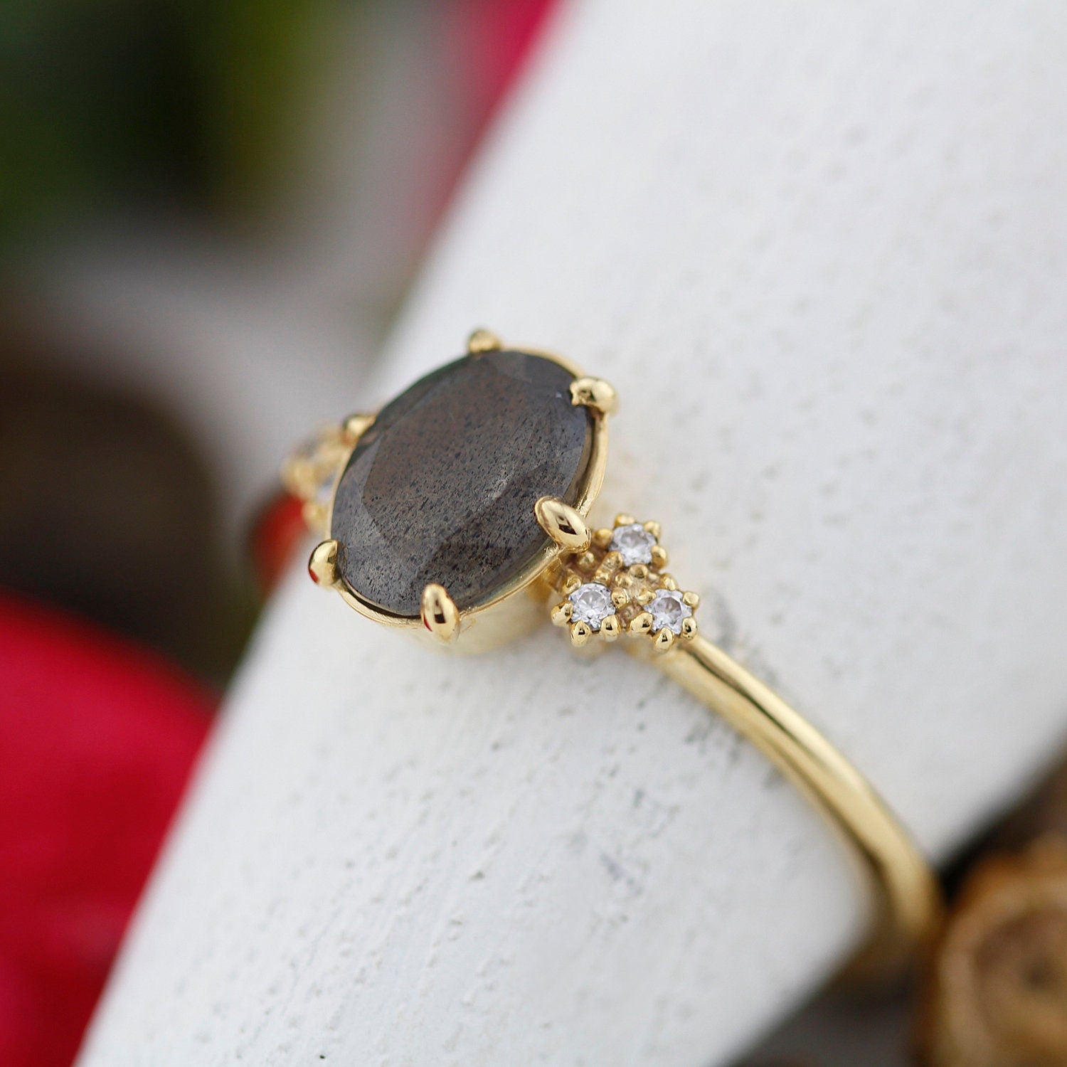 oval engagement ring labradorite with side stones unique