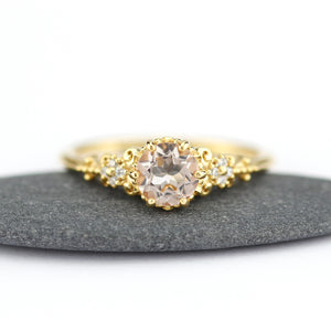 morganite and diamond engagement ring vintage unique, 18k yellow gold - NOOI JEWELRY
