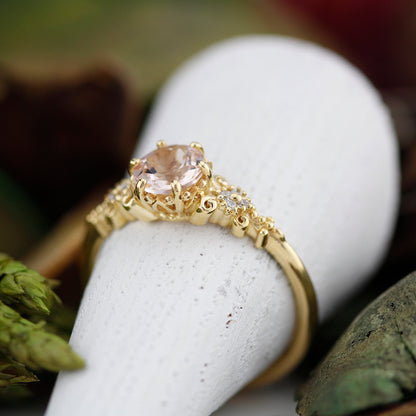 morganite and diamond engagement ring vintage unique, 18k yellow gold - NOOI JEWELRY