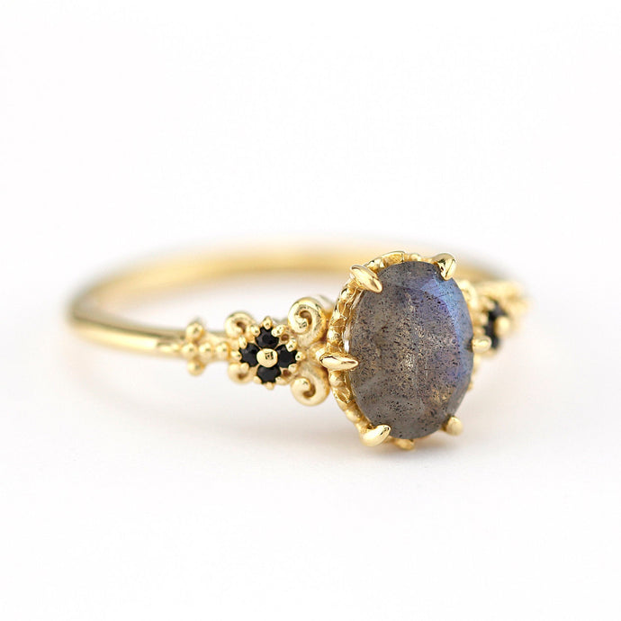 oval labradorite and black diamonds engagement ring - NOOI JEWELRY