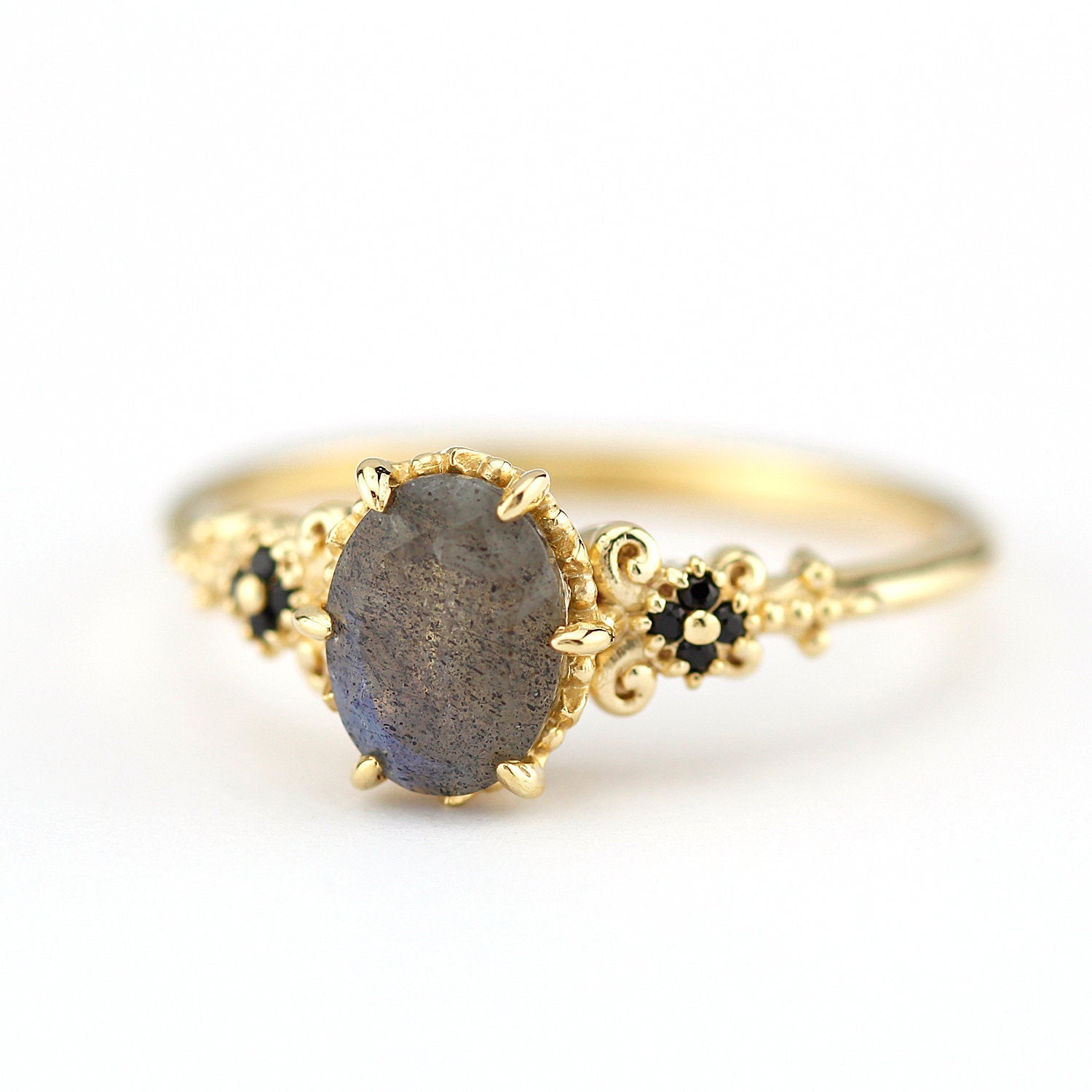 oval labradorite and black diamonds engagement ring - NOOI JEWELRY