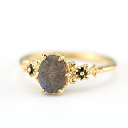 oval labradorite and black diamonds engagement ring - NOOI JEWELRY