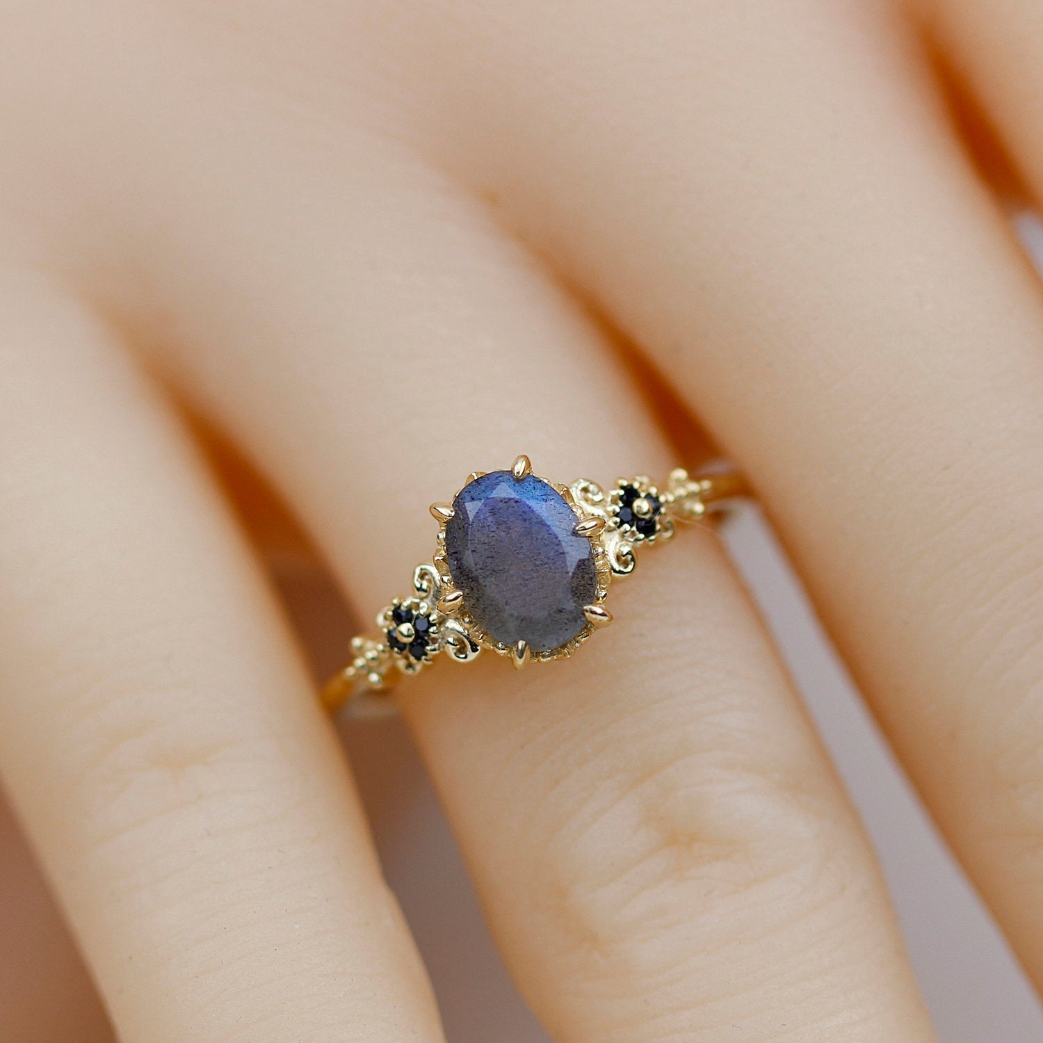 oval labradorite and black diamonds engagement ring - NOOI JEWELRY