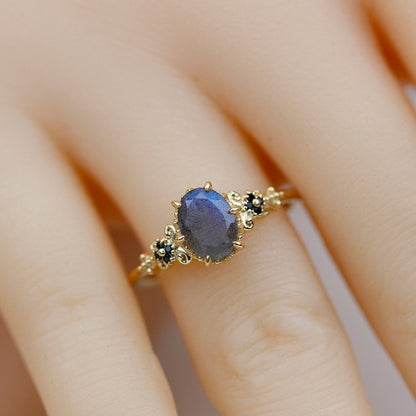 oval labradorite and black diamonds engagement ring - NOOI JEWELRY