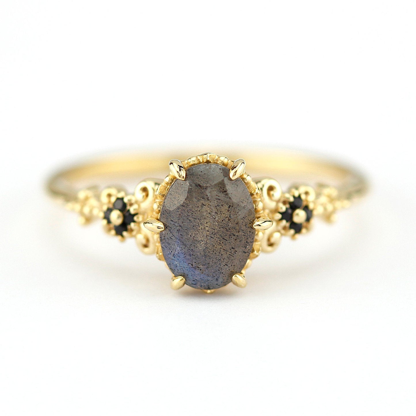 oval labradorite and black diamonds engagement ring - NOOI JEWELRY