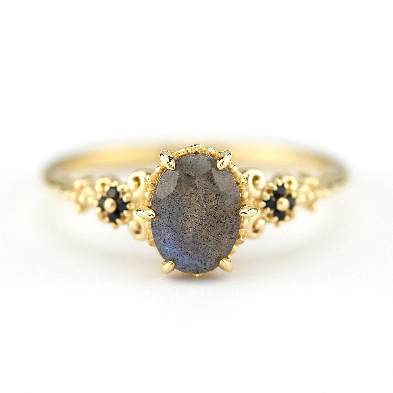 oval labradorite and black diamonds engagement ring - NOOI JEWELRY