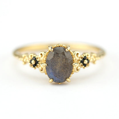 oval labradorite and black diamonds engagement ring - NOOI JEWELRY