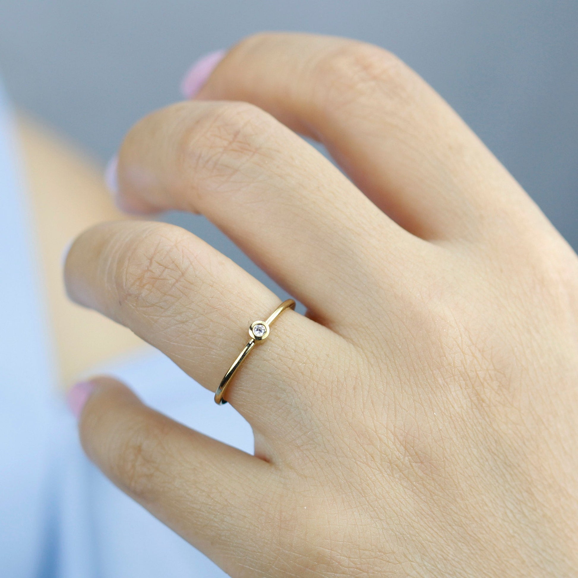 Round solitaire engagement ring thin simple | Bezel set diamond ring solitaire engagement - NOOI JEWELRY