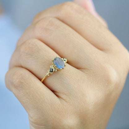 oval labradorite and black diamonds engagement ring - NOOI JEWELRY