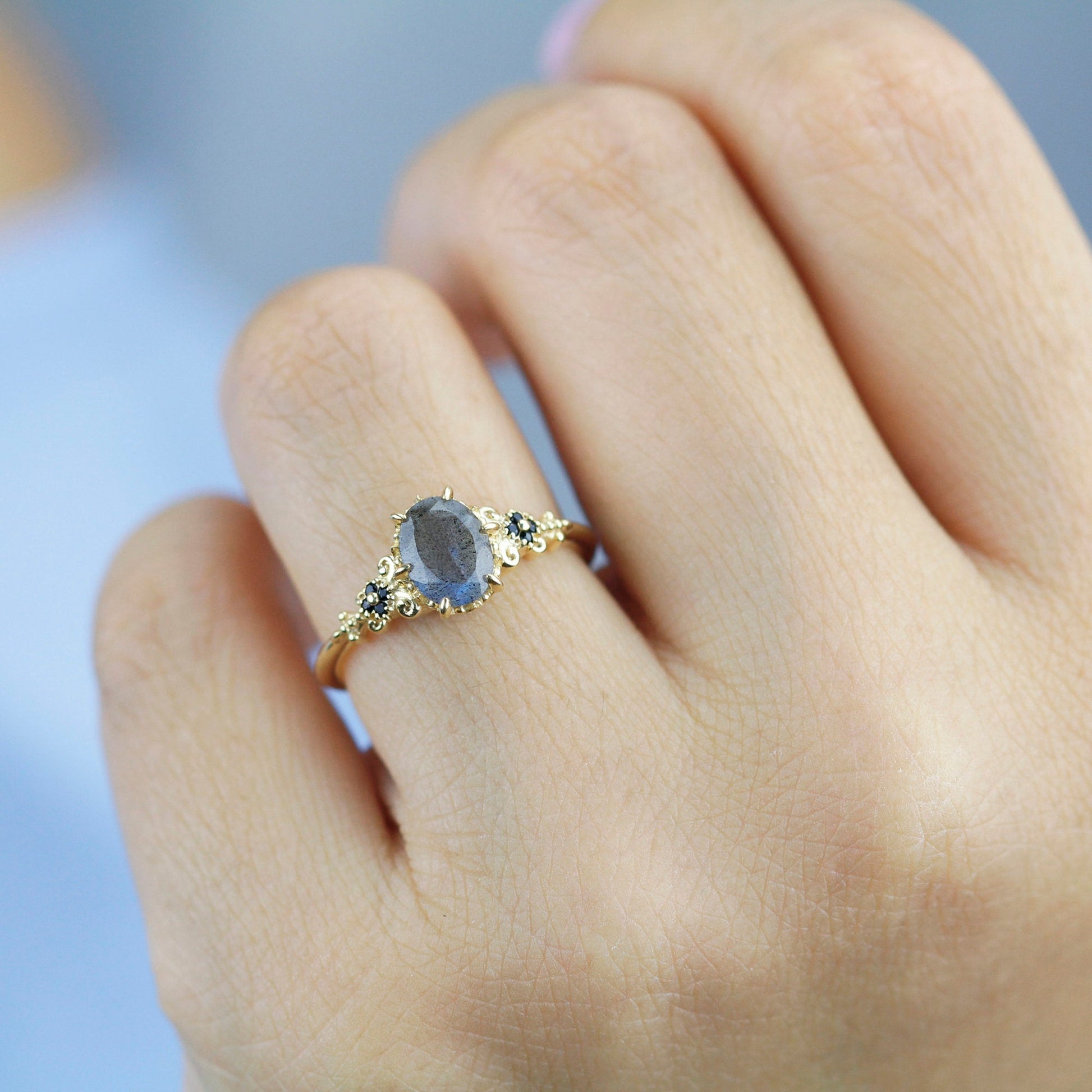 oval labradorite and black diamonds engagement ring - NOOI JEWELRY